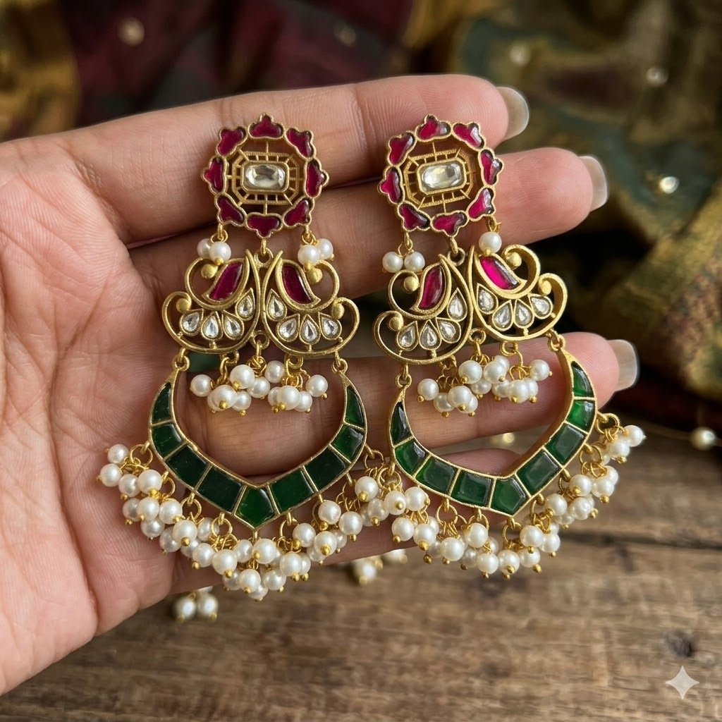 Gold Plated Kundan Chandbali Earrings with Ruby Green Stones & Pearls