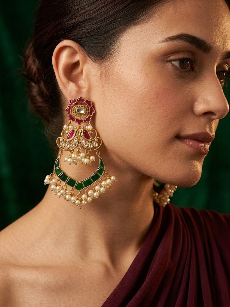 Gold Plated Kundan Chandbali Earrings with Ruby Green Stones & Pearls