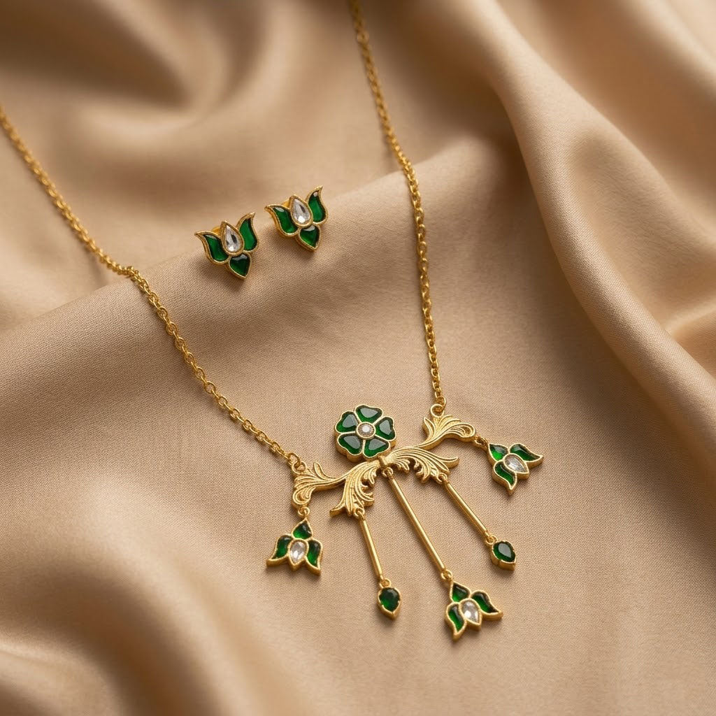 Elegent Women Ethnic Gold Plated Kundan Lotus Neklace Set with Matcing Earrings