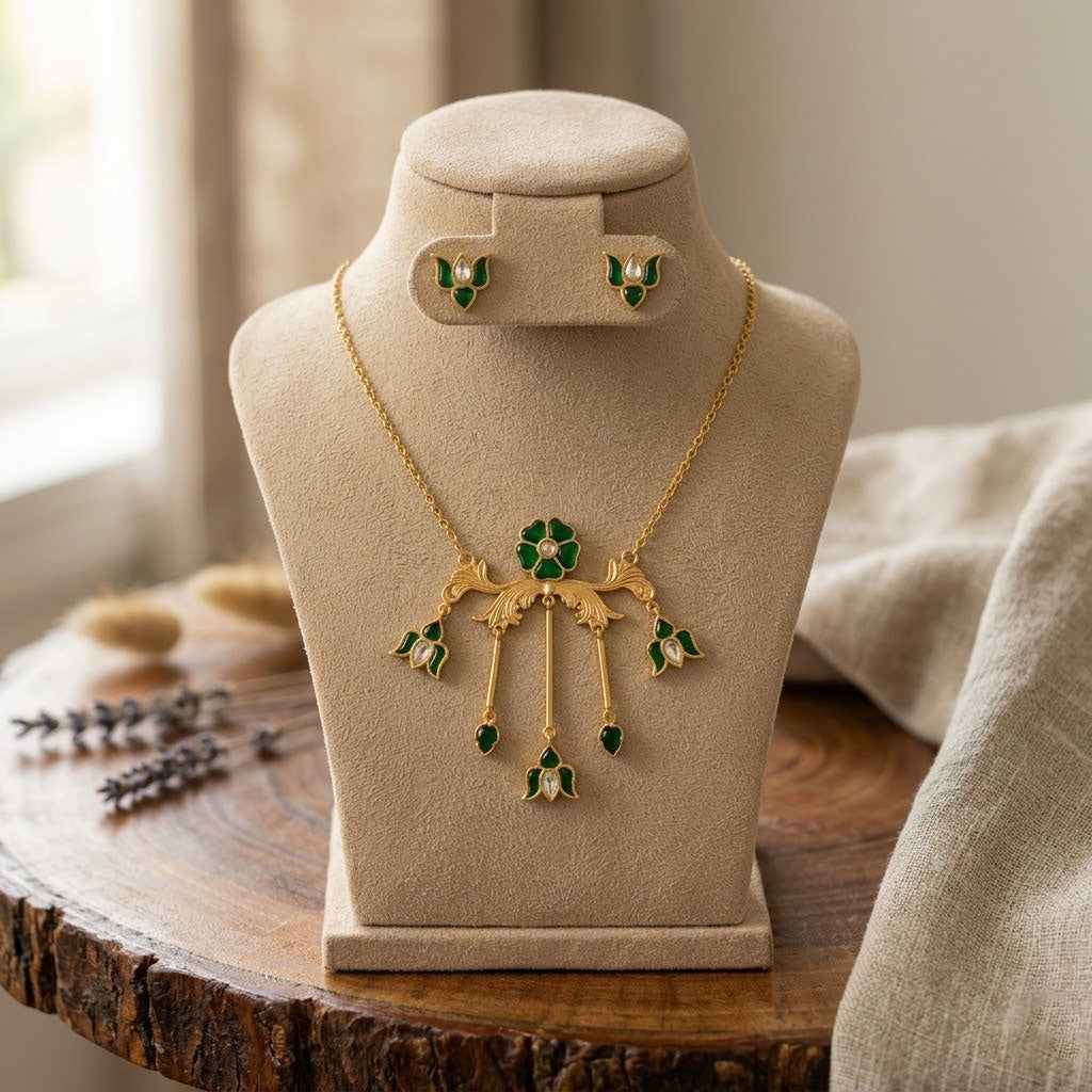 Elegent Women Ethnic Gold Plated Kundan Lotus Neklace Set with Matcing Earrings