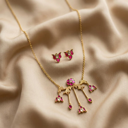 Women Ruby Floral Jewelry Set Gold Plated Lotus Necklace and Stud Earrings