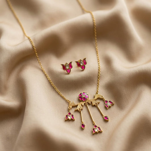 Women Ruby Floral Jewelry Set Gold Plated Lotus Necklace and Stud Earrings