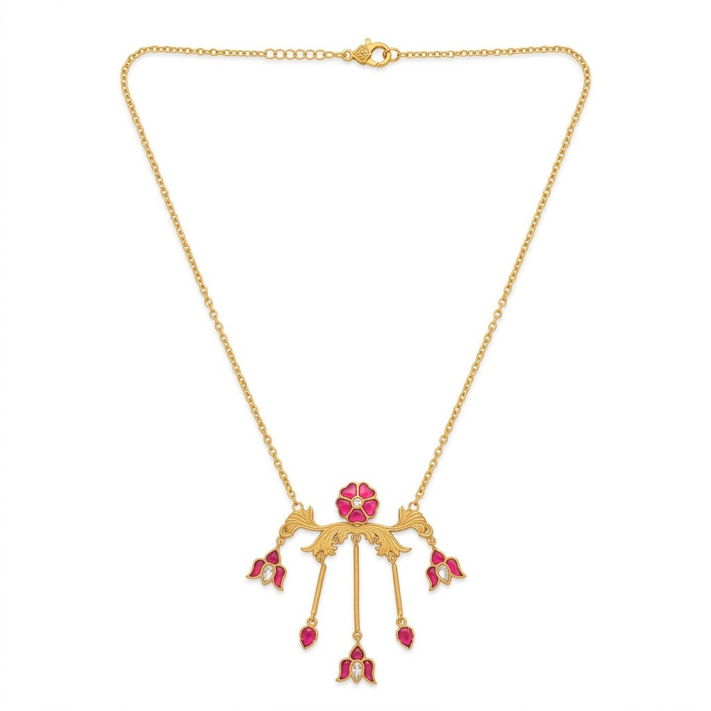 Women Ruby Floral Jewelry Set Gold Plated Lotus Necklace and Stud Earrings