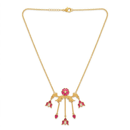 Women Ruby Floral Jewelry Set Gold Plated Lotus Necklace and Stud Earrings