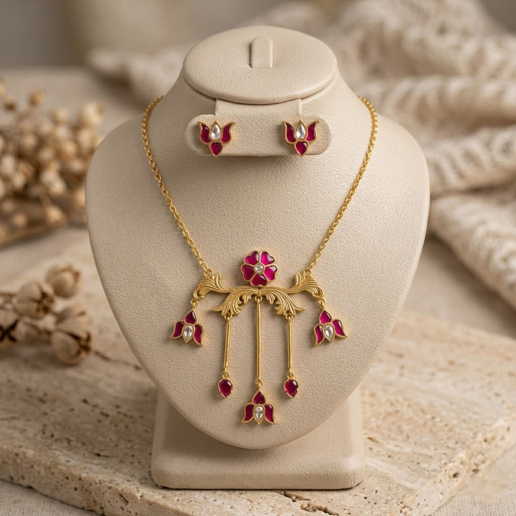 Women Ruby Floral Jewelry Set Gold Plated Lotus Necklace and Stud Earrings