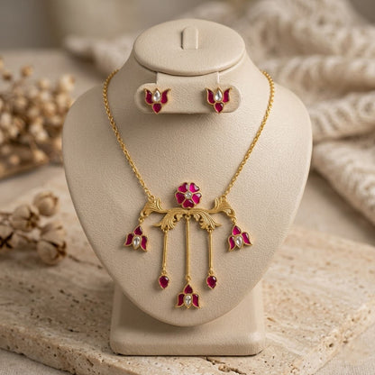 Women Ruby Floral Jewelry Set Gold Plated Lotus Necklace and Stud Earrings