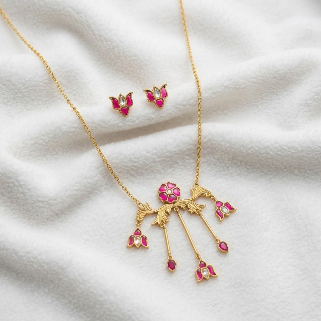 Women Ruby Floral Jewelry Set Gold Plated Lotus Necklace and Stud Earrings