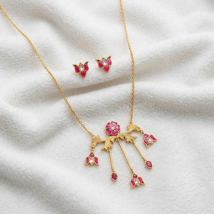 Women Ruby Floral Jewelry Set Gold Plated Lotus Necklace and Stud Earrings