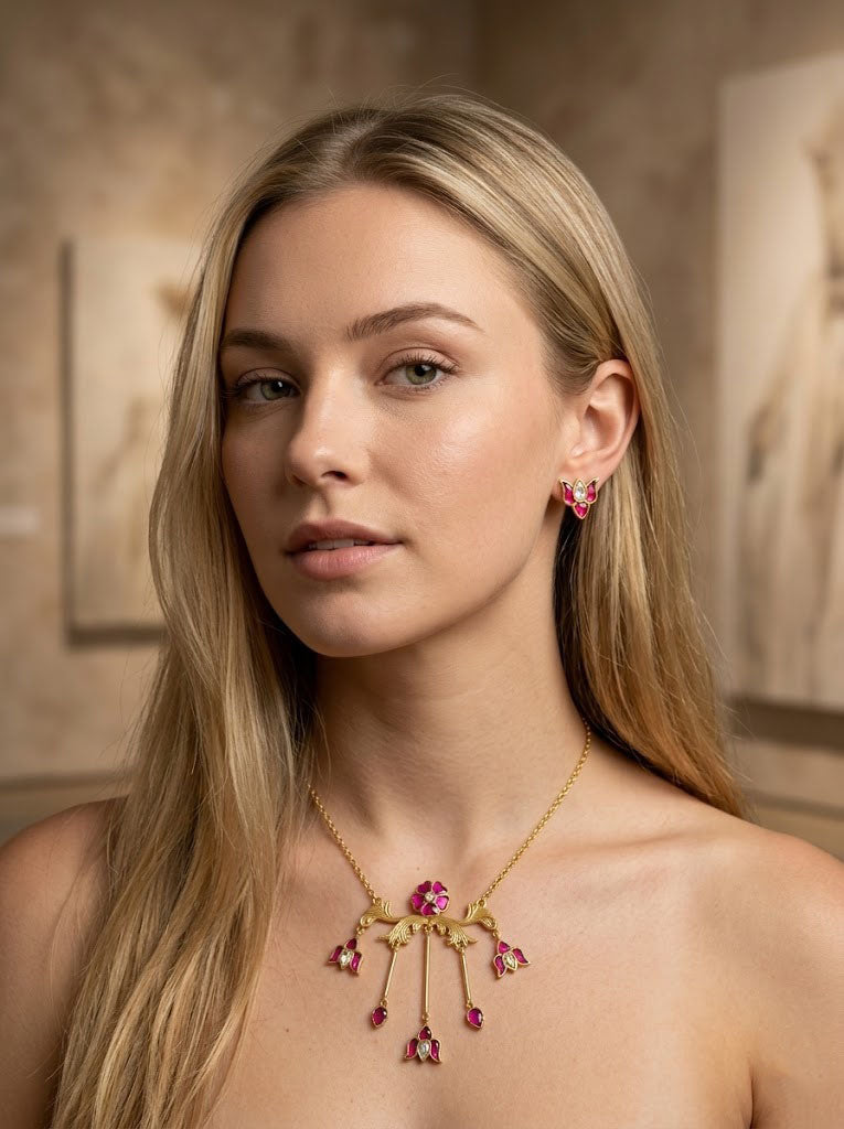 Women Ruby Floral Jewelry Set Gold Plated Lotus Necklace and Stud Earrings