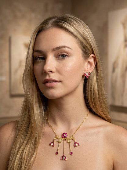 Women Ruby Floral Jewelry Set Gold Plated Lotus Necklace and Stud Earrings