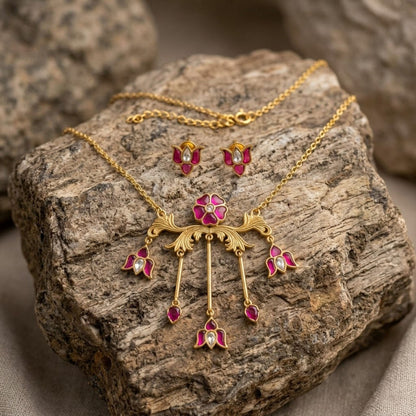 Women Ruby Floral Jewelry Set Gold Plated Lotus Necklace and Stud Earrings