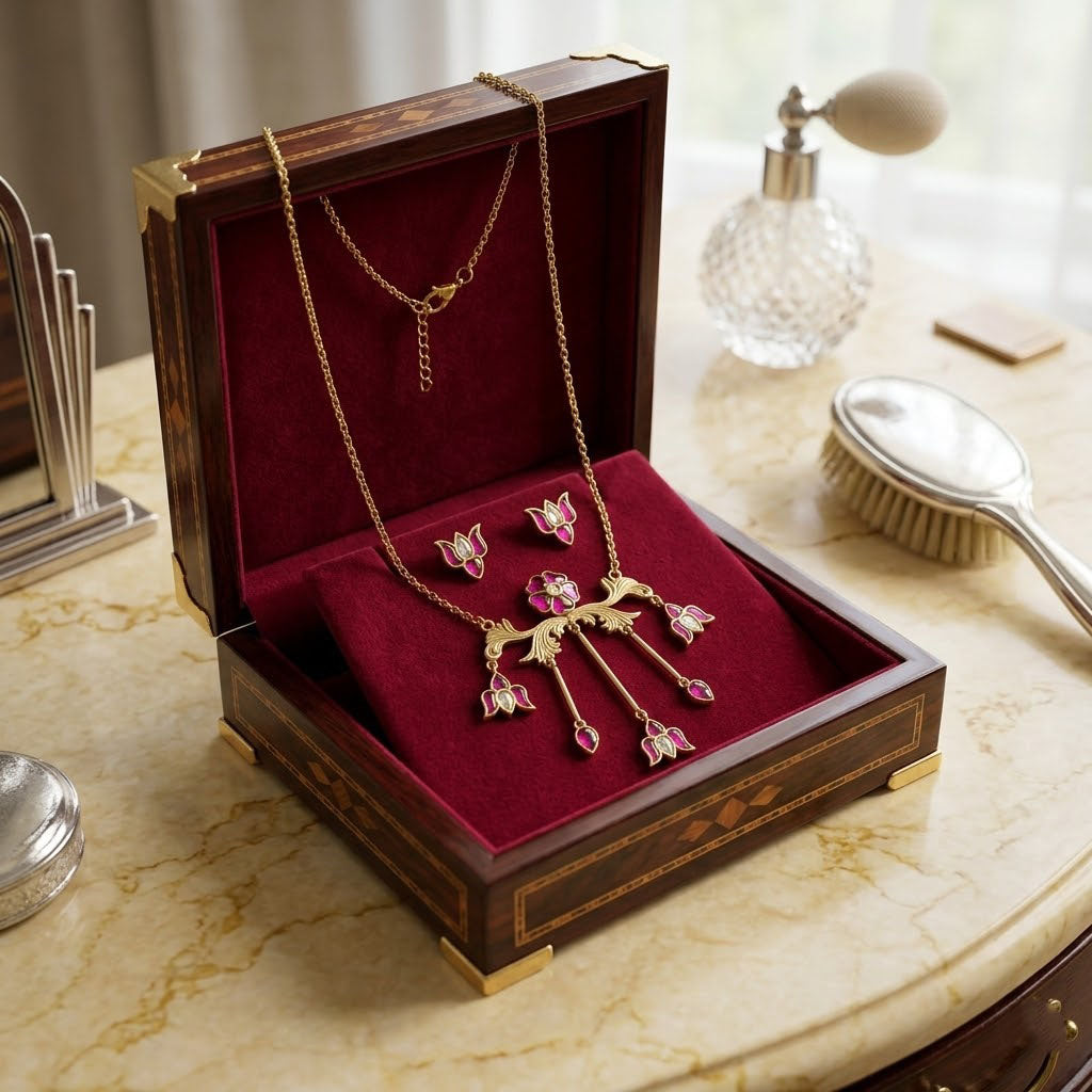 Women Ruby Floral Jewelry Set Gold Plated Lotus Necklace and Stud Earrings