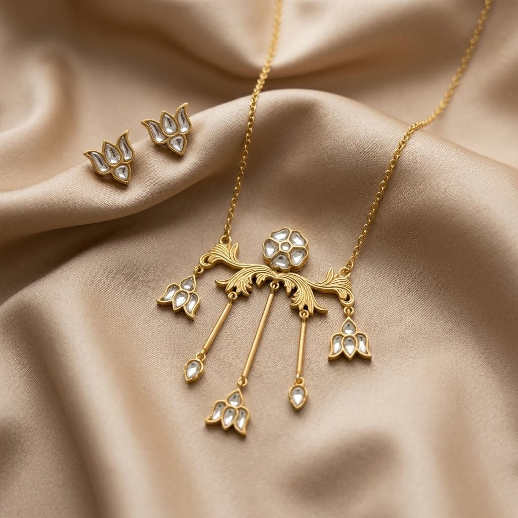Antique Gold Plated Floral Kundan Necklace Set Elegant Bridal Jewelry Gift for Her
