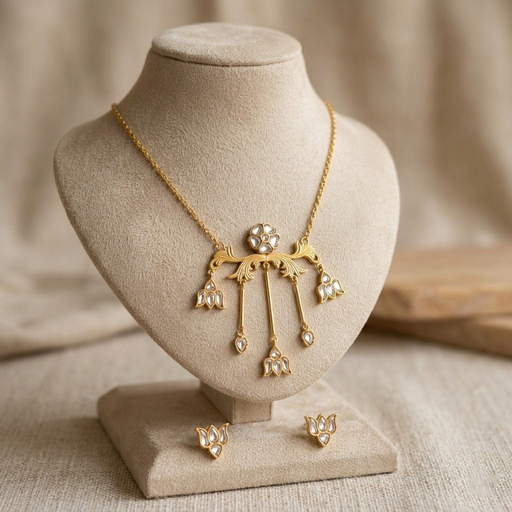 Antique Gold Plated Floral Kundan Necklace Set Elegant Bridal Jewelry Gift for Her