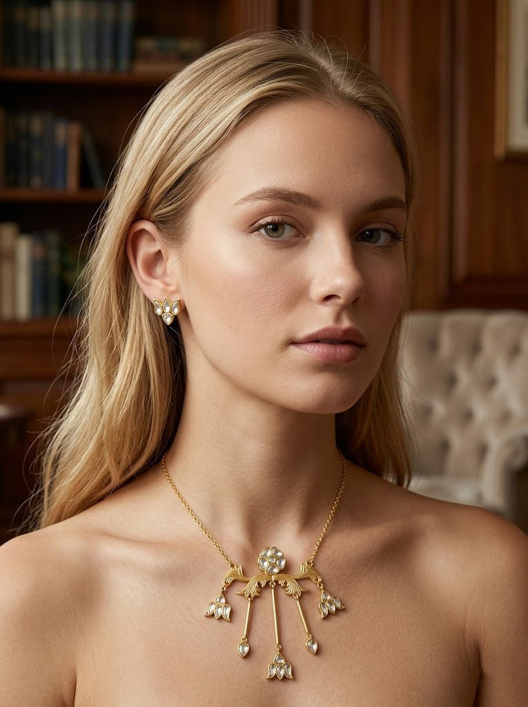 Antique Gold Plated Floral Kundan Necklace Set Elegant Bridal Jewelry Gift for Her