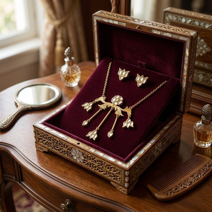 Antique Gold Plated Floral Kundan Necklace Set Elegant Bridal Jewelry Gift for Her