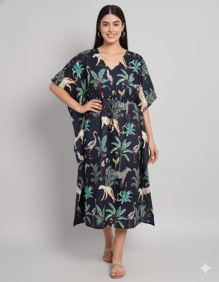 Handicraft Trend Monkey Print Beach Dress 100% Cotton Maxi cover up Sleepwear Women Hippie Caftan Dress