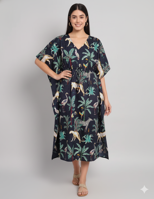 Handicraft Trend Monkey Print Beach Dress 100% Cotton Maxi cover up Sleepwear Women Hippie Caftan Dress
