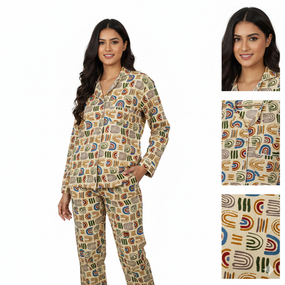 Women Floral Stripe Summer Sleepwear Gypsy Cotton Gray Night wear Top-Pajama set