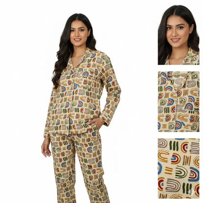 Women Gypsy Floral Geometric Print Summer Sleepwear Cotton Beige Night wear Top-Pajama set Handicraft Trend