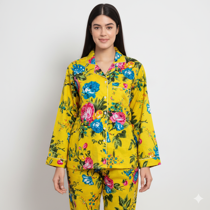 Women Multi Floral Summer Yellow Sleepwear Cotton Soft Night wear Lightweight Top-Pajama set (Copy)