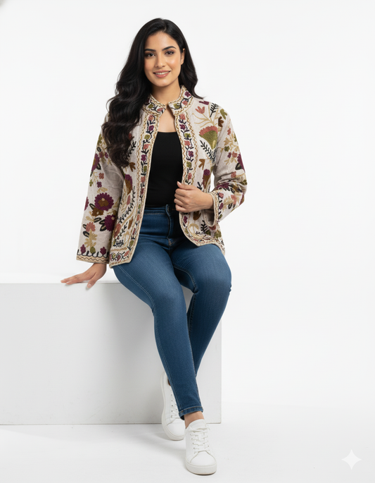 Cotton Suzani Embroidered Short Jacket Women Lightweight Bomber Jacket Brown Perfect for Winter wear
