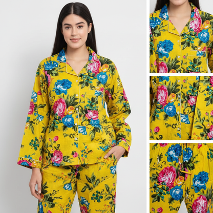 Women Multi Floral Summer Yellow Sleepwear Cotton Soft Night wear Lightweight Top-Pajama set (Copy)