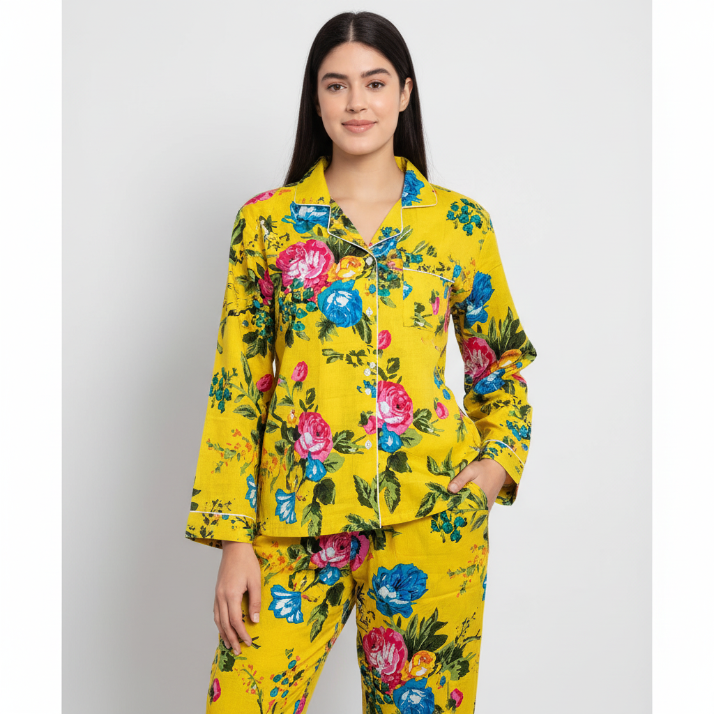 Women Multi Floral Summer Yellow Sleepwear Cotton Soft Night wear Lightweight Top-Pajama set (Copy)