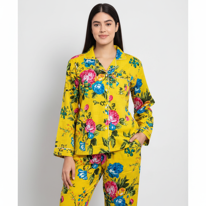 Women Multi Floral Summer Yellow Sleepwear Cotton Soft Night wear Lightweight Top-Pajama set (Copy)