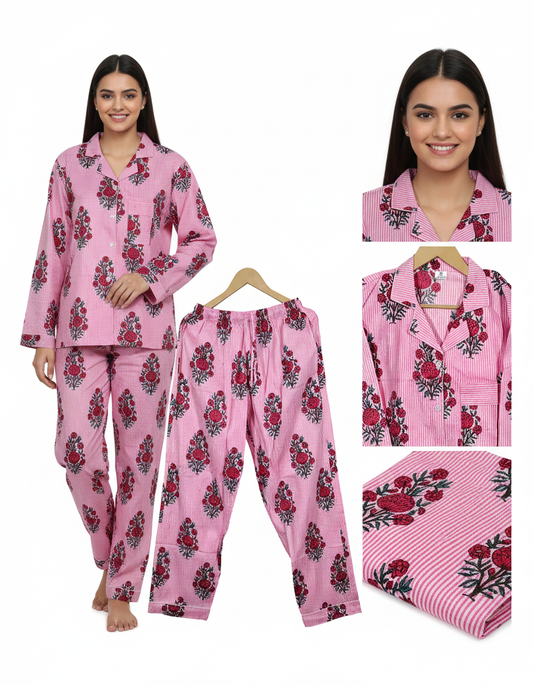 Women Floral Stripe Summer Sleepwear Cotton Pink Night wear Top-Pajama set Night Dress