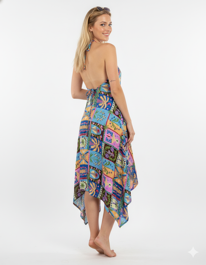 Indian Cotton Abstract Patchwork Print Maxi beach Dress Cover up Summer Party Wear Dress