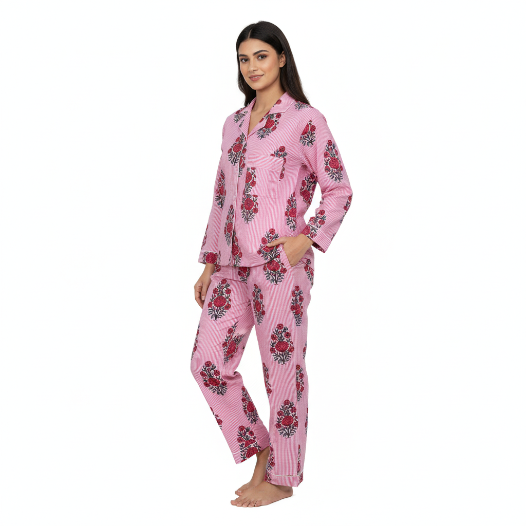 Women Floral Stripe Summer Sleepwear Cotton Pink Night wear Top-Pajama set Night Dress