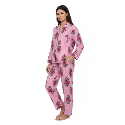 Women Floral Stripe Summer Sleepwear Cotton Pink Night wear Top-Pajama set Night Dress