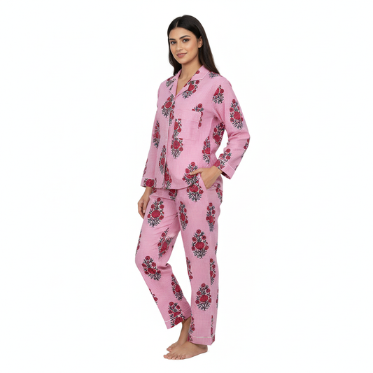 Women Floral Stripe Summer Sleepwear Cotton Pink Night wear Top-Pajama set Night Dress