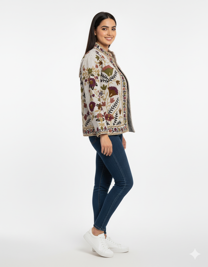 Cotton Suzani Embroidered Short Jacket Women Lightweight Bomber Jacket Brown Perfect for Winter wear