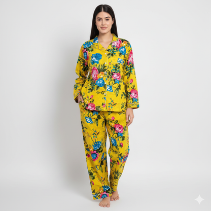 Women Multi Floral Summer Yellow Sleepwear Cotton Soft Night wear Lightweight Top-Pajama set (Copy)