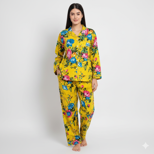 Women Multi Floral Summer Yellow Sleepwear Cotton Soft Night wear Lightweight Top-Pajama set (Copy)