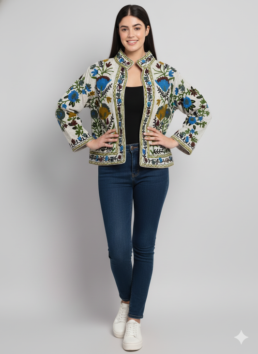 Cotton Suzani Embroidered Short Jacket Blue Women Lightweight Bomber Jacket Perfect for Winter wear