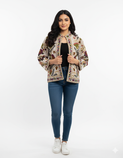 Cotton Suzani Embroidered Short Jacket Women Lightweight Bomber Jacket Brown Perfect for Winter wear