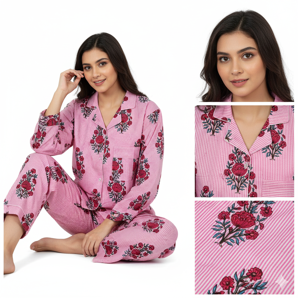 Women Floral Stripe Summer Sleepwear Cotton Pink Night wear Top-Pajama set Night Dress