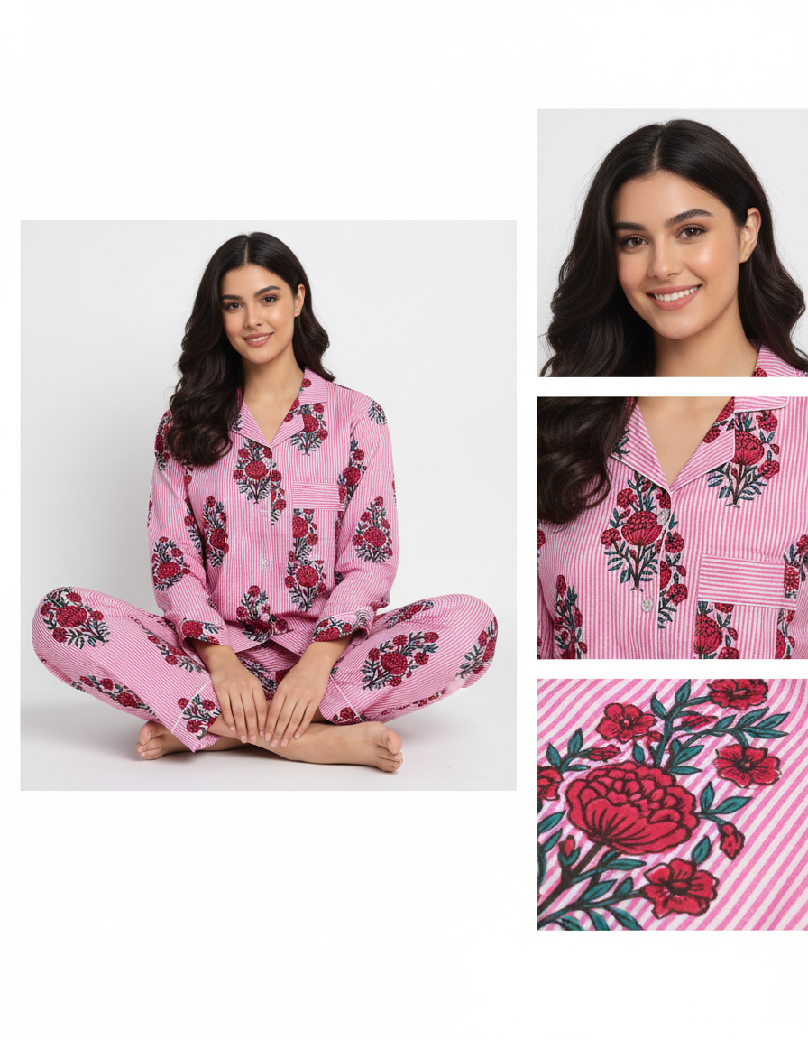 Women Floral Stripe Summer Sleepwear Cotton Pink Night wear Top-Pajama set Night Dress
