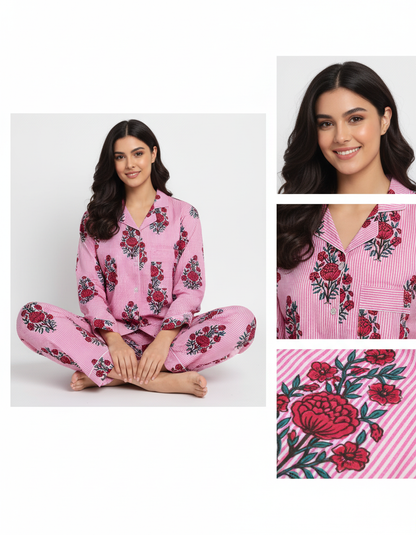 Women Floral Stripe Summer Sleepwear Cotton Pink Night wear Top-Pajama set Night Dress