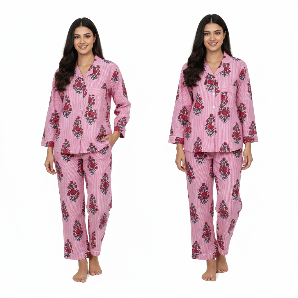 Women Floral Stripe Summer Sleepwear Cotton Pink Night wear Top-Pajama set Night Dress