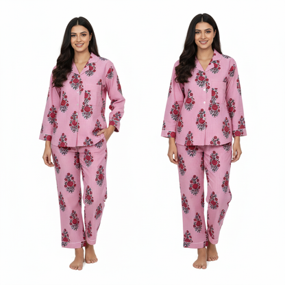 Women Floral Stripe Summer Sleepwear Cotton Pink Night wear Top-Pajama set Night Dress