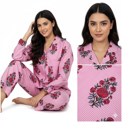 Women Floral Stripe Summer Sleepwear Cotton Pink Night wear Top-Pajama set Night Dress