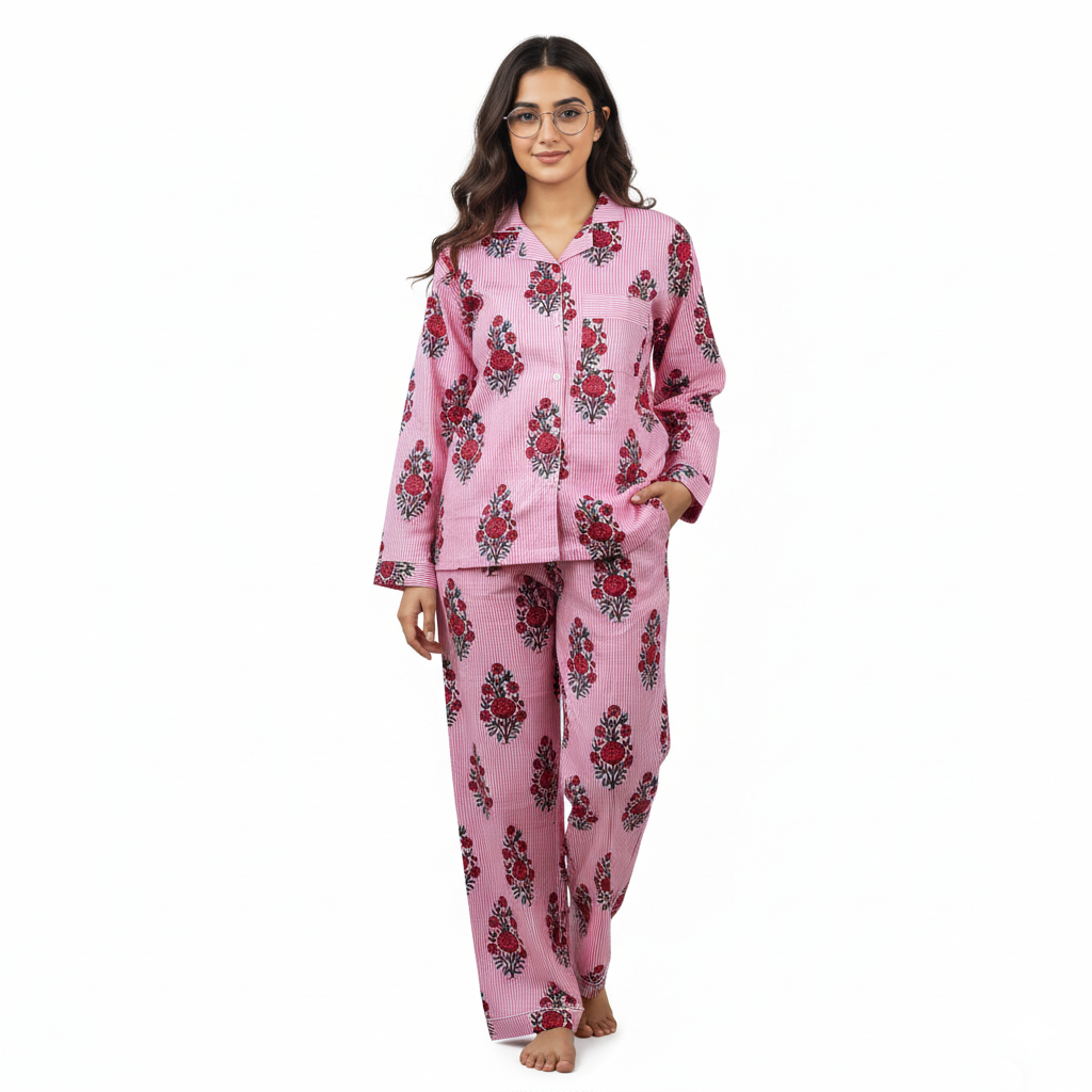 Women Floral Stripe Summer Sleepwear Cotton Pink Night wear Top-Pajama set Night Dress