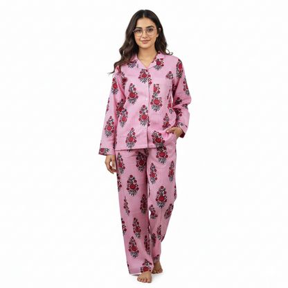Women Floral Stripe Summer Sleepwear Cotton Pink Night wear Top-Pajama set Night Dress