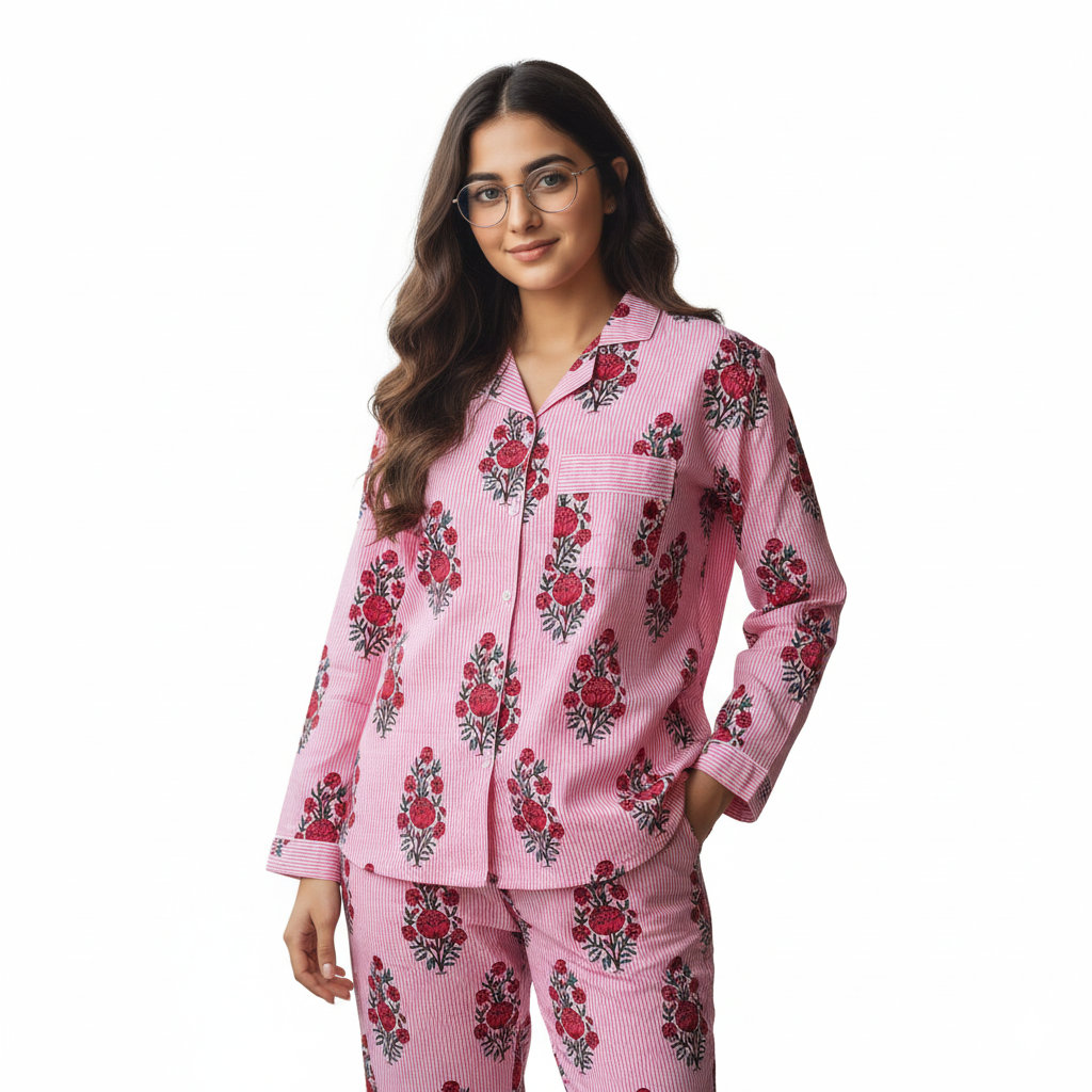 Women Floral Stripe Summer Sleepwear Cotton Pink Night wear Top-Pajama set Night Dress
