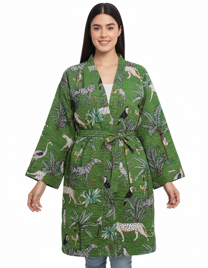 Lightweight Cotton Animal Print Green Handstitched Front Open Free Size Women Jacket Mid-Length