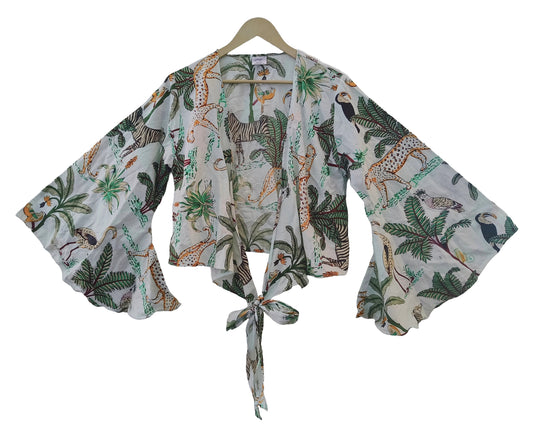 Indian Jungle Ethnic Cotton 70' Retro Bell Sleeves Black Women Beach Crop Top